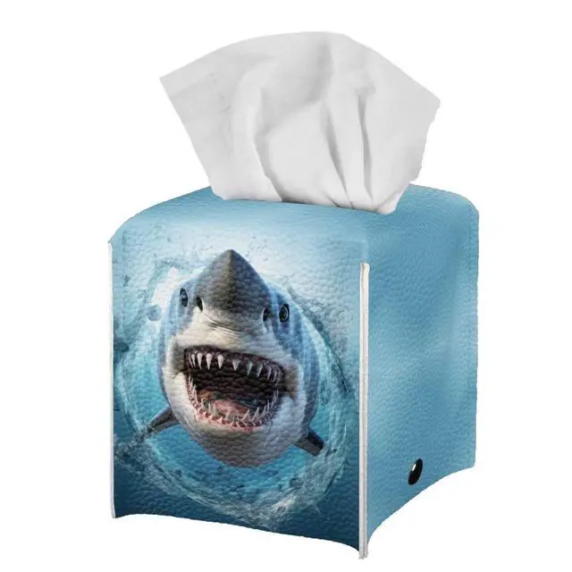 Alt view image 2 of 7 - Cool Shark Tissue Box Cover Multifunction Tissue Holder for Kids Bedroom Office Parlor Bathroom Decro Tissues Cover Faux Leather Tissue Box Cover Tissue Dispenser Blue Ocean Animal