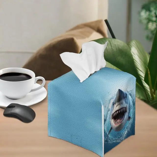 Alt view image 4 of 7 - Cool Shark Tissue Box Cover Multifunction Tissue Holder for Kids Bedroom Office Parlor Bathroom Decro Tissues Cover Faux Leather Tissue Box Cover Tissue Dispenser Blue Ocean Animal