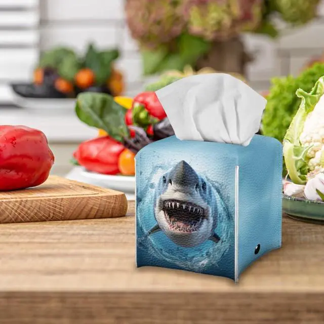 Alt view image 5 of 7 - Cool Shark Tissue Box Cover Multifunction Tissue Holder for Kids Bedroom Office Parlor Bathroom Decro Tissues Cover Faux Leather Tissue Box Cover Tissue Dispenser Blue Ocean Animal