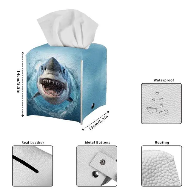 Alt view image 7 of 7 - Cool Shark Tissue Box Cover Multifunction Tissue Holder for Kids Bedroom Office Parlor Bathroom Decro Tissues Cover Faux Leather Tissue Box Cover Tissue Dispenser Blue Ocean Animal