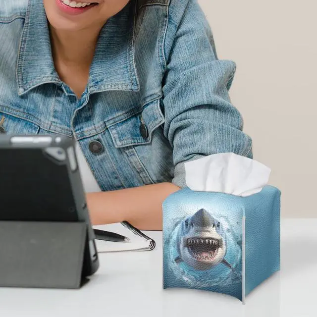 Alt view image 6 of 7 - Cool Shark Tissue Box Cover Multifunction Tissue Holder for Kids Bedroom Office Parlor Bathroom Decro Tissues Cover Faux Leather Tissue Box Cover Tissue Dispenser Blue Ocean Animal