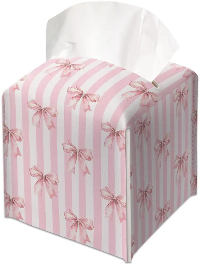 Main image of Pink Bow Decorative Leather Tissue Box Cover - Tissue Box Holder Gifts for Women Family and Friends Funny Unique Home Decor Decorative for Kids Room Kitchen Bathroom Office - A22