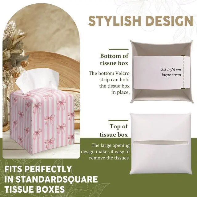 Alt view image 4 of 6 - Pink Bow Decorative Leather Tissue Box Cover - Tissue Box Holder Gifts for Women Family and Friends Funny Unique Home Decor Decorative for Kids Room Kitchen Bathroom Office - A22