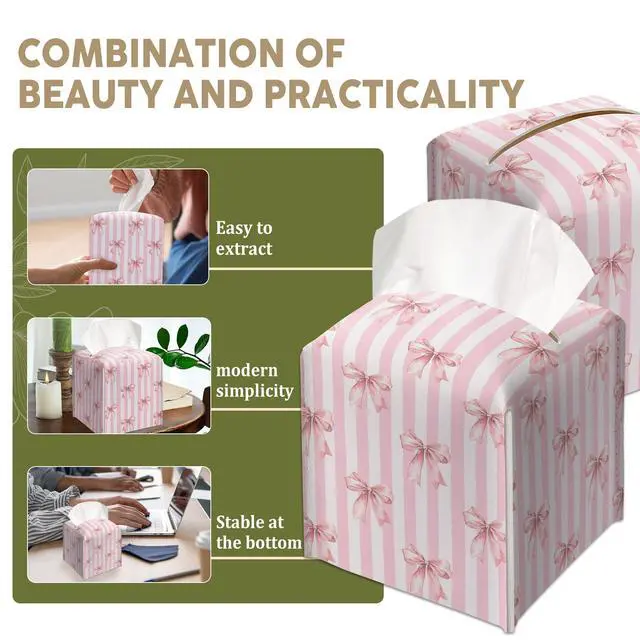 Alt view image 5 of 6 - Pink Bow Decorative Leather Tissue Box Cover - Tissue Box Holder Gifts for Women Family and Friends Funny Unique Home Decor Decorative for Kids Room Kitchen Bathroom Office - A22