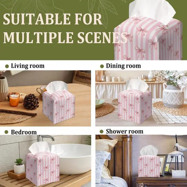 Alt view image 6 of 6 - Pink Bow Decorative Leather Tissue Box Cover - Tissue Box Holder Gifts for Women Family and Friends Funny Unique Home Decor Decorative for Kids Room Kitchen Bathroom Office - A22