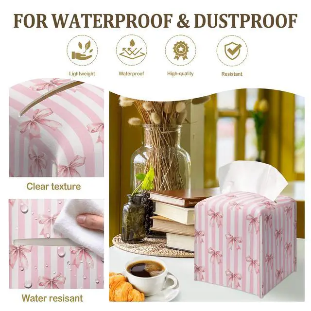 Alt view image 3 of 6 - Pink Bow Decorative Leather Tissue Box Cover - Tissue Box Holder Gifts for Women Family and Friends Funny Unique Home Decor Decorative for Kids Room Kitchen Bathroom Office - A22