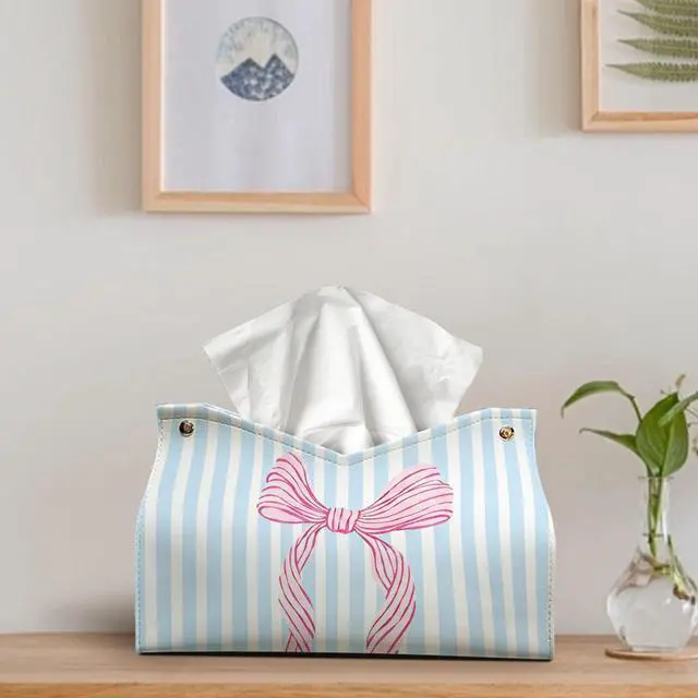 Alt view image 2 of 6 - Pink Coastal Bow Striped Tissue Box Cover,Coastal Granddaughter Aesthetic Trendy Decorative Tissue Holder,Aesthetic Coastal Tissue Box Cover for Girls Dorm Room Beach Bedroom Bathroom 9.8x5.9x7In