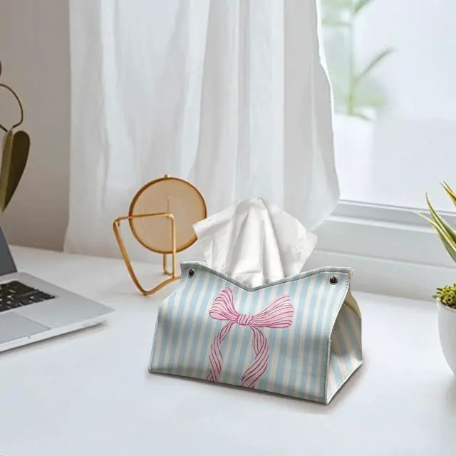 Alt view image 3 of 6 - Pink Coastal Bow Striped Tissue Box Cover,Coastal Granddaughter Aesthetic Trendy Decorative Tissue Holder,Aesthetic Coastal Tissue Box Cover for Girls Dorm Room Beach Bedroom Bathroom 9.8x5.9x7In