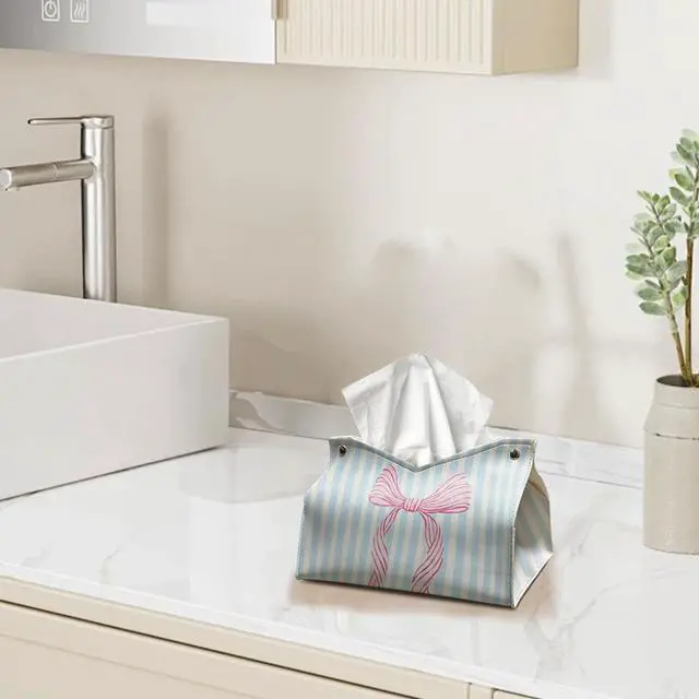 Alt view image 6 of 6 - Pink Coastal Bow Striped Tissue Box Cover,Coastal Granddaughter Aesthetic Trendy Decorative Tissue Holder,Aesthetic Coastal Tissue Box Cover for Girls Dorm Room Beach Bedroom Bathroom 9.8x5.9x7In