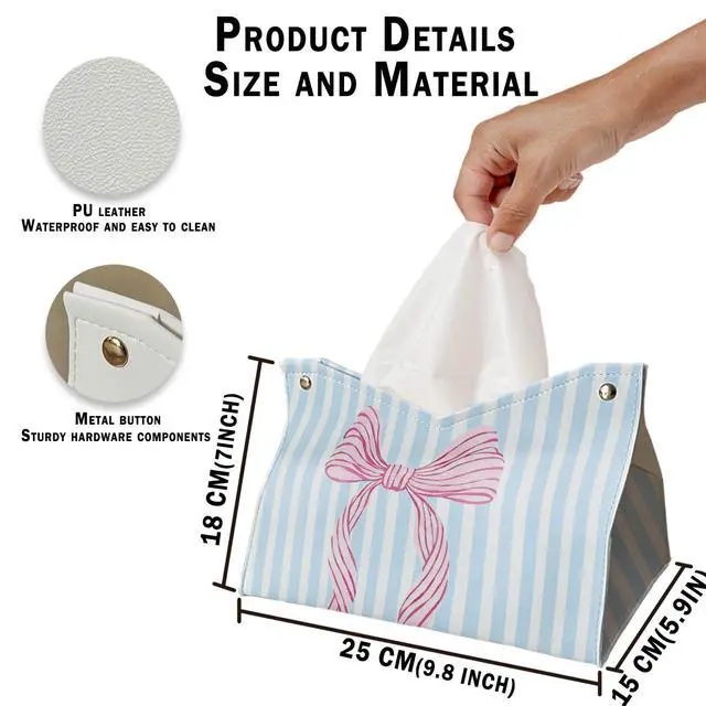 Alt view image 5 of 6 - Pink Coastal Bow Striped Tissue Box Cover,Coastal Granddaughter Aesthetic Trendy Decorative Tissue Holder,Aesthetic Coastal Tissue Box Cover for Girls Dorm Room Beach Bedroom Bathroom 9.8x5.9x7In