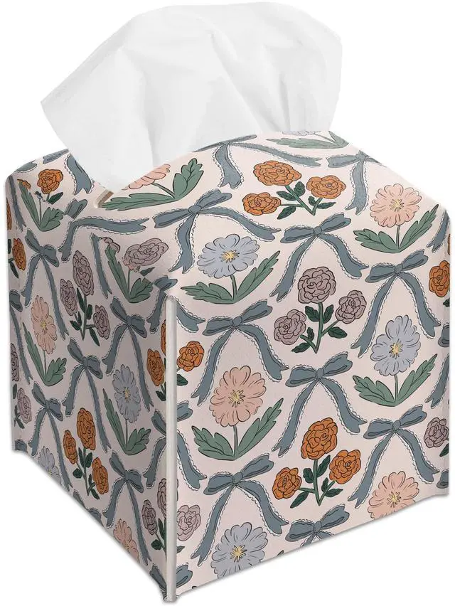 Main image of Vintage Bows Decorative Leather Tissue Box Cover - Cute Tissue Holder Gifts for Women Family and Friends Funny Unique for Home Decor Decorative for Kids Room Kitchen Bathroom Nightstands Office - A22