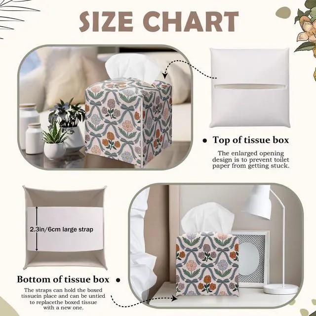 Alt view image 3 of 7 - Vintage Bows Decorative Leather Tissue Box Cover - Cute Tissue Holder Gifts for Women Family and Friends Funny Unique for Home Decor Decorative for Kids Room Kitchen Bathroom Nightstands Office - A22
