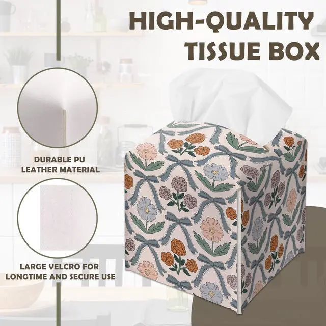 Alt view image 4 of 7 - Vintage Bows Decorative Leather Tissue Box Cover - Cute Tissue Holder Gifts for Women Family and Friends Funny Unique for Home Decor Decorative for Kids Room Kitchen Bathroom Nightstands Office - A22