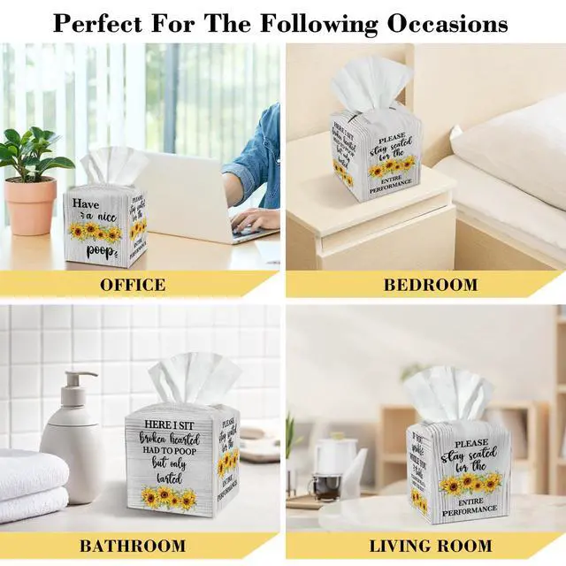 Alt view image 4 of 6 - Sunflower Leather Tissue Holder with Bottom Belt Gift for Housewarming Kids Son Waterproof Rustic Leather Tissue Case Holder Decor for Home Bathroom Dresser Night Stand Facial Paper Organizer - YT0249