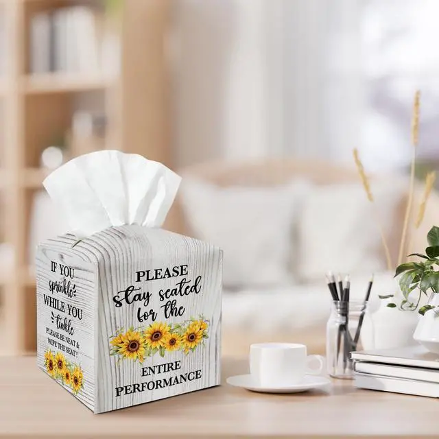 Alt view image 5 of 6 - Sunflower Leather Tissue Holder with Bottom Belt Gift for Housewarming Kids Son Waterproof Rustic Leather Tissue Case Holder Decor for Home Bathroom Dresser Night Stand Facial Paper Organizer - YT0249