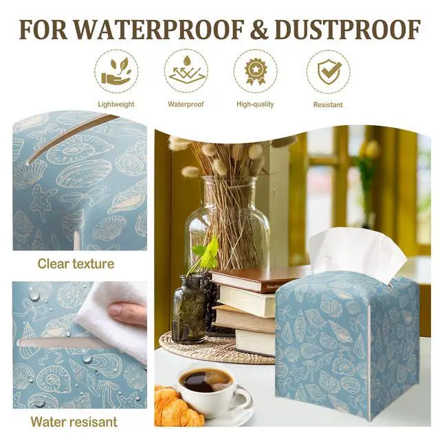 Alt view image 3 of 6 - Seashells Decorative Leather Tissue Box Cover - Tissue Box Holder Gifts for Women Family and Friends Funny Unique Home Decor Decorative for Kids Room Kitchen Bathroom Office - A04