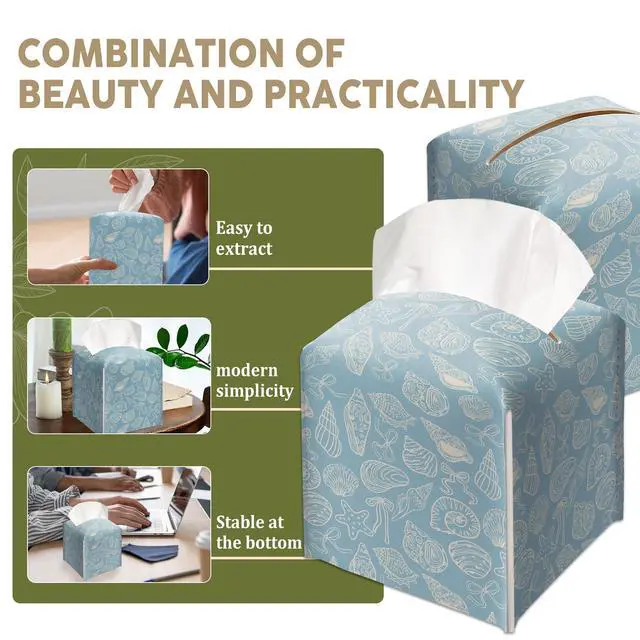Alt view image 5 of 6 - Seashells Decorative Leather Tissue Box Cover - Tissue Box Holder Gifts for Women Family and Friends Funny Unique Home Decor Decorative for Kids Room Kitchen Bathroom Office - A04
