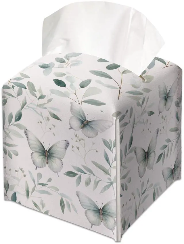 Main image of Eucalyptus Butterfly Decorative Leather Tissue Box Cover - Tissue Box Holder Gifts for Women Family and Friends Funny Unique Home Decor Decorative for Kids Room Kitchen Bathroom Office - A18