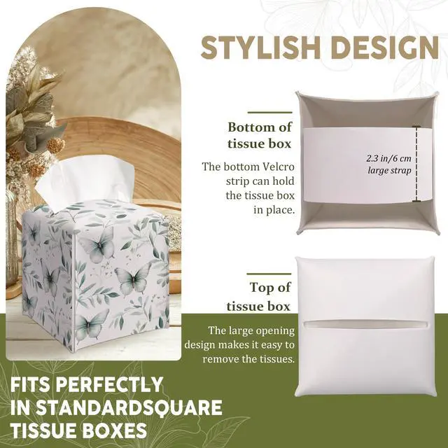 Alt view image 4 of 6 - Eucalyptus Butterfly Decorative Leather Tissue Box Cover - Tissue Box Holder Gifts for Women Family and Friends Funny Unique Home Decor Decorative for Kids Room Kitchen Bathroom Office - A18