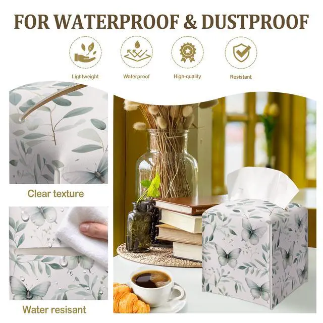 Alt view image 3 of 6 - Eucalyptus Butterfly Decorative Leather Tissue Box Cover - Tissue Box Holder Gifts for Women Family and Friends Funny Unique Home Decor Decorative for Kids Room Kitchen Bathroom Office - A18