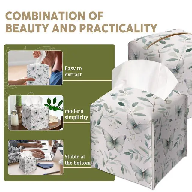 Alt view image 5 of 6 - Eucalyptus Butterfly Decorative Leather Tissue Box Cover - Tissue Box Holder Gifts for Women Family and Friends Funny Unique Home Decor Decorative for Kids Room Kitchen Bathroom Office - A18