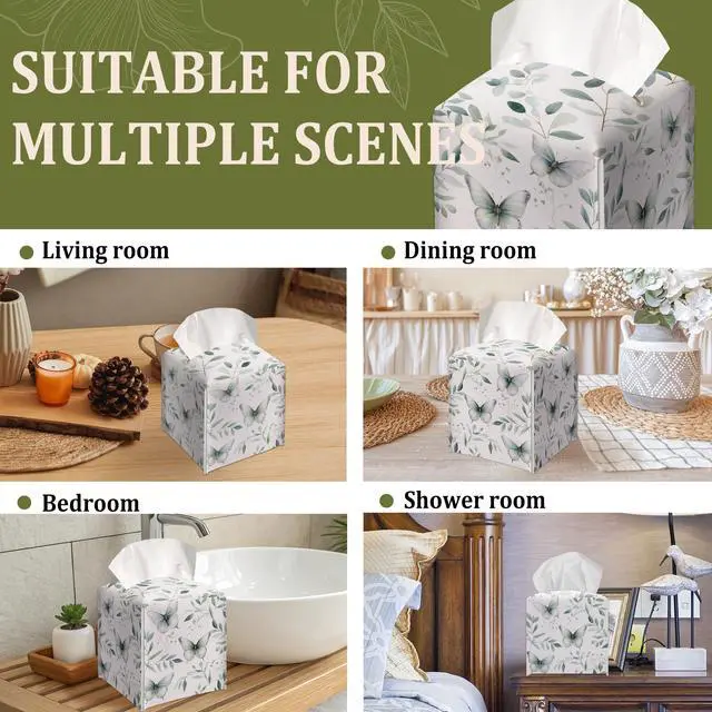 Alt view image 6 of 6 - Eucalyptus Butterfly Decorative Leather Tissue Box Cover - Tissue Box Holder Gifts for Women Family and Friends Funny Unique Home Decor Decorative for Kids Room Kitchen Bathroom Office - A18