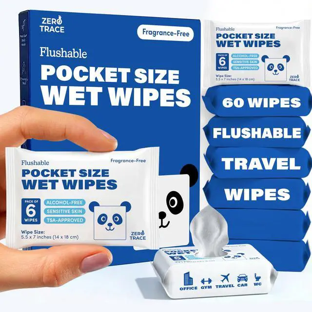 Main image of Flushable Wipes Pack Portable Travel Wipes Pocket Size for Adults, Kids & Baby Care 99.5% Water, Safe for Sensitive Skin, Hypoallergenic & Unscented 10 Packs × 6 (60 Total)