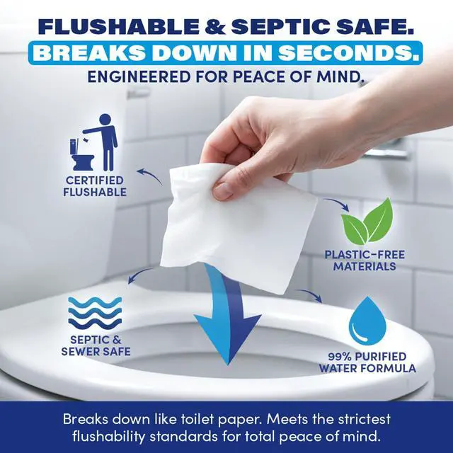 Alt view image 6 of 7 - Flushable Wipes Pack Portable Travel Wipes Pocket Size for Adults, Kids & Baby Care 99.5% Water, Safe for Sensitive Skin, Hypoallergenic & Unscented 10 Packs × 6 (60 Total)