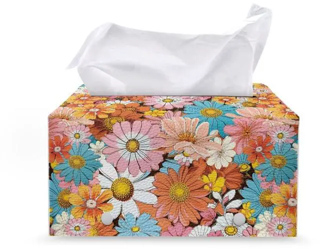 Main image of Daisy Leather Box Exquisite and Lovely Rectangular Tissue Box Cover Cubic and Shaped Reusable Facial Tissue Box Cover Suitable for Girls' Dressing Table Countertop Decorative Room