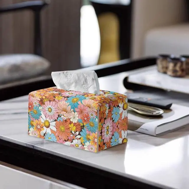 Alt view image 3 of 6 - Daisy Leather Box Exquisite and Lovely Rectangular Tissue Box Cover Cubic and Shaped Reusable Facial Tissue Box Cover Suitable for Girls' Dressing Table Countertop Decorative Room