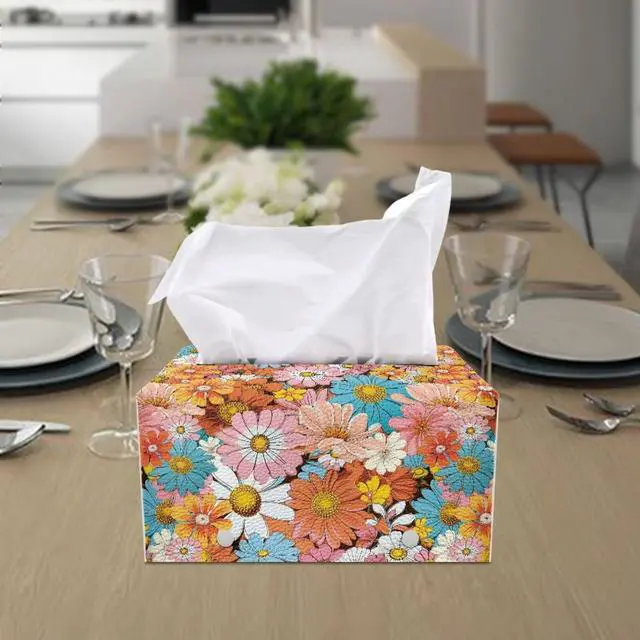 Alt view image 4 of 6 - Daisy Leather Box Exquisite and Lovely Rectangular Tissue Box Cover Cubic and Shaped Reusable Facial Tissue Box Cover Suitable for Girls' Dressing Table Countertop Decorative Room