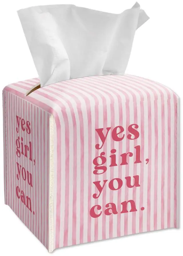 Main image of Pink Tissue Box Cover Square - Yes Girl You Can Tissue Box Holder with Bottom Belt, Leather Facial Paper Holder Decor for Bathroom Vanity Countertop, Nightstands, Dining Table, Office, Car -06