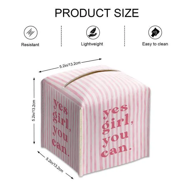 Alt view image 2 of 5 - Pink Tissue Box Cover Square - Yes Girl You Can Tissue Box Holder with Bottom Belt, Leather Facial Paper Holder Decor for Bathroom Vanity Countertop, Nightstands, Dining Table, Office, Car -06