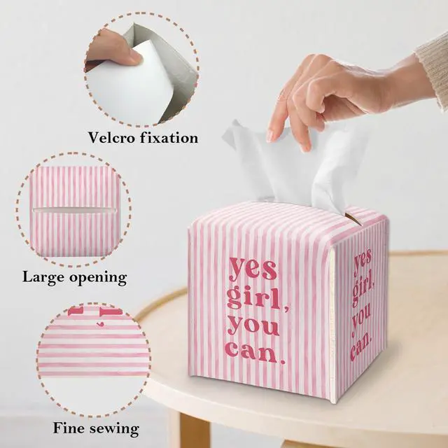 Alt view image 3 of 5 - Pink Tissue Box Cover Square - Yes Girl You Can Tissue Box Holder with Bottom Belt, Leather Facial Paper Holder Decor for Bathroom Vanity Countertop, Nightstands, Dining Table, Office, Car -06
