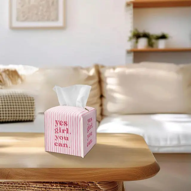 Alt view image 4 of 5 - Pink Tissue Box Cover Square - Yes Girl You Can Tissue Box Holder with Bottom Belt, Leather Facial Paper Holder Decor for Bathroom Vanity Countertop, Nightstands, Dining Table, Office, Car -06
