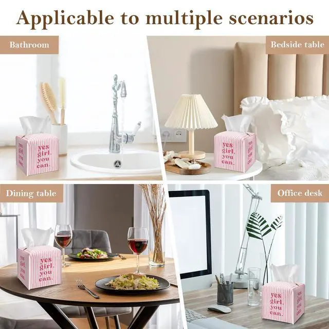 Alt view image 5 of 5 - Pink Tissue Box Cover Square - Yes Girl You Can Tissue Box Holder with Bottom Belt, Leather Facial Paper Holder Decor for Bathroom Vanity Countertop, Nightstands, Dining Table, Office, Car -06