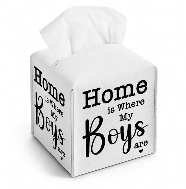 Main image of Home is Where My Boys are Tissue Box Cover with Bottom Belt for Home Decor