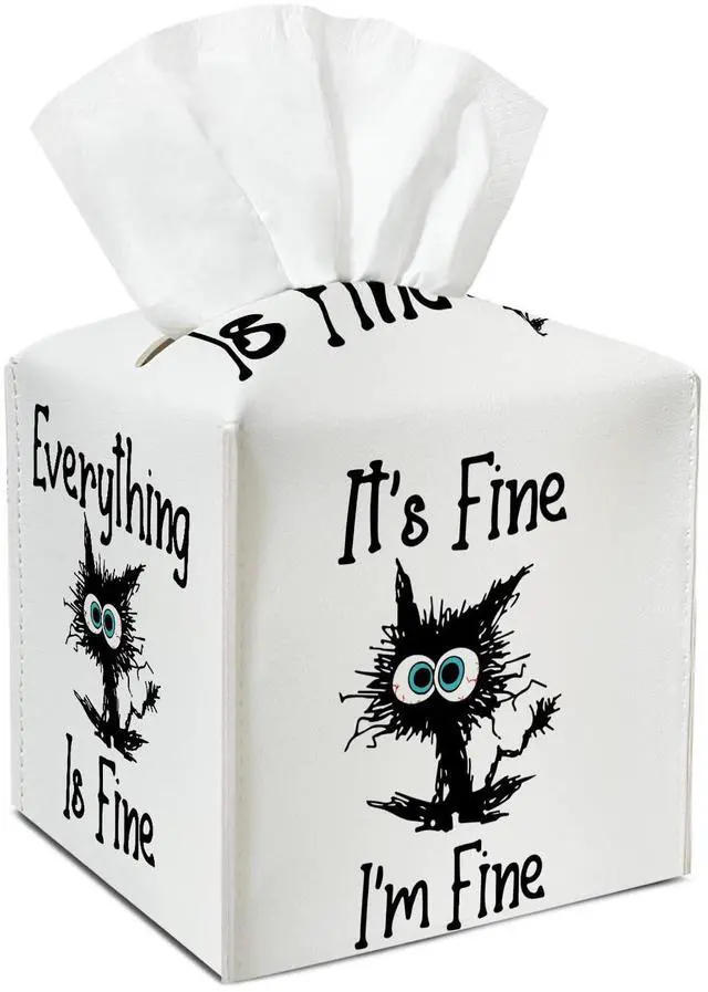 Main image of Funny Cat Inspirational Leather Tissue Holder with Bottom Belt Gifts for Housewarming Waterproof Leather Tissue Case Holder Decor for Home Livingroom Office Dresser Facial Paper Organizer - YT0268