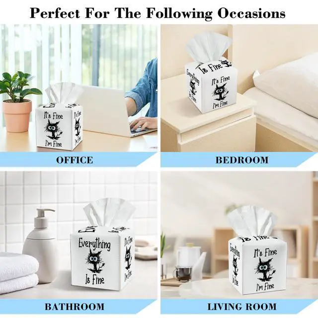 Alt view image 4 of 6 - Funny Cat Inspirational Leather Tissue Holder with Bottom Belt Gifts for Housewarming Waterproof Leather Tissue Case Holder Decor for Home Livingroom Office Dresser Facial Paper Organizer - YT0268