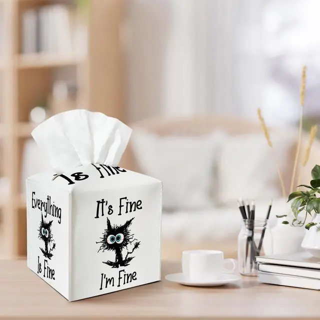 Alt view image 5 of 6 - Funny Cat Inspirational Leather Tissue Holder with Bottom Belt Gifts for Housewarming Waterproof Leather Tissue Case Holder Decor for Home Livingroom Office Dresser Facial Paper Organizer - YT0268