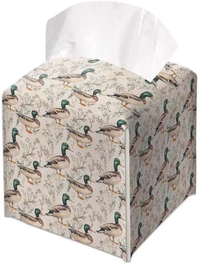 Main image of Watercolor Mallard Duck Decorative Leather Tissue Box Cover - Tissue Box Holder Gifts for Women Family and Friends Funny Unique Home Decor Decorative for Kids Room Kitchen Bathroom Office - A45