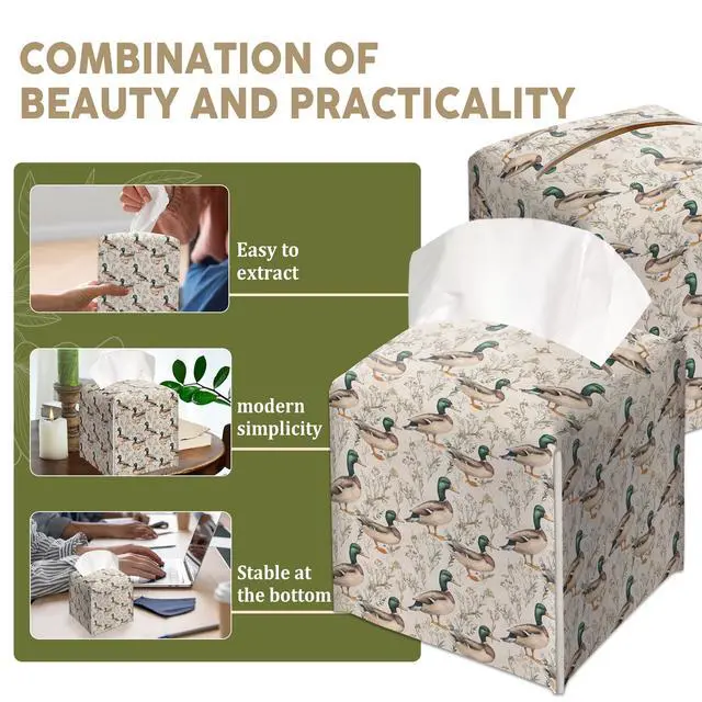 Alt view image 5 of 6 - Watercolor Mallard Duck Decorative Leather Tissue Box Cover - Tissue Box Holder Gifts for Women Family and Friends Funny Unique Home Decor Decorative for Kids Room Kitchen Bathroom Office - A45