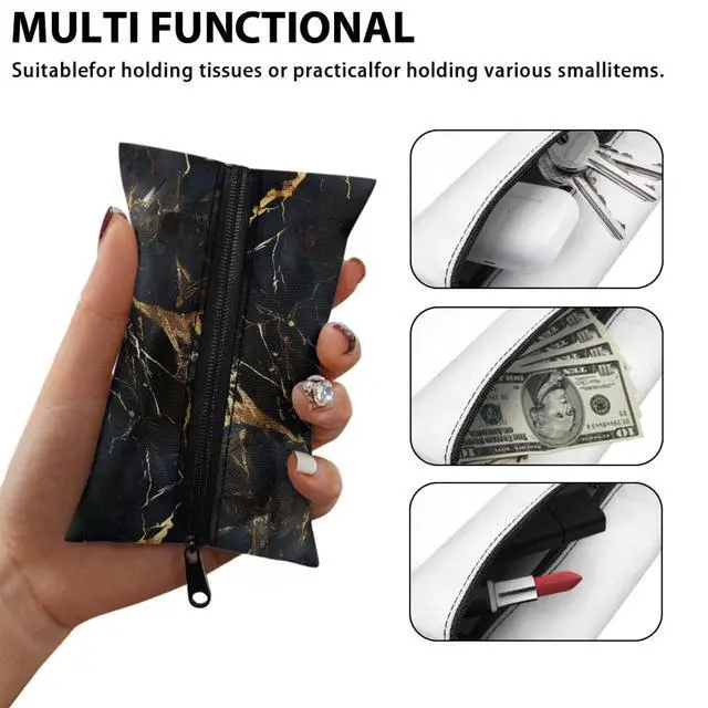 Alt view image 7 of 7 - Black & Gold Marble Purse Tissues Holder Pouch Roomy Tissue Pocket for Women Girls Soft Lightweight Zipper Enclosed Pouch for Coin Card Napkin