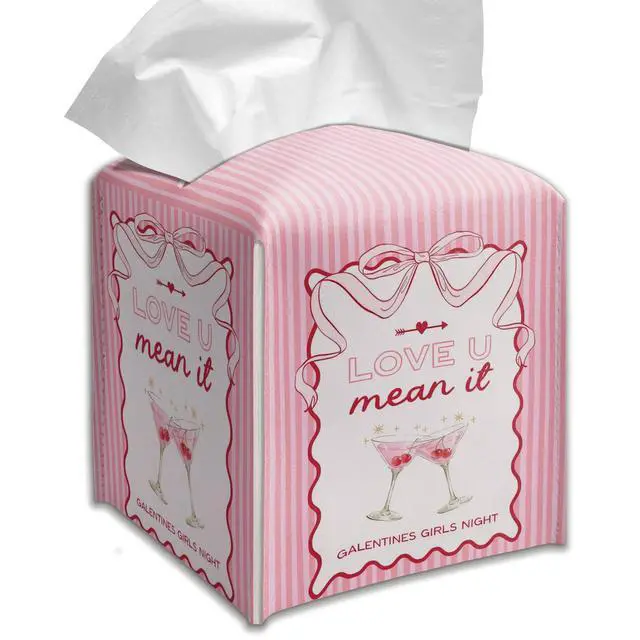 Main image of Galentines Day Tissue Box Cover, Pink Striped Girls Night Decorative Tissue Holder, Love U Mean It Cute Bathroom Room Decor.(025)