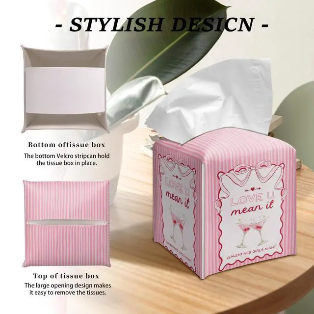 Alt view image 3 of 4 - Galentines Day Tissue Box Cover, Pink Striped Girls Night Decorative Tissue Holder, Love U Mean It Cute Bathroom Room Decor.(025)