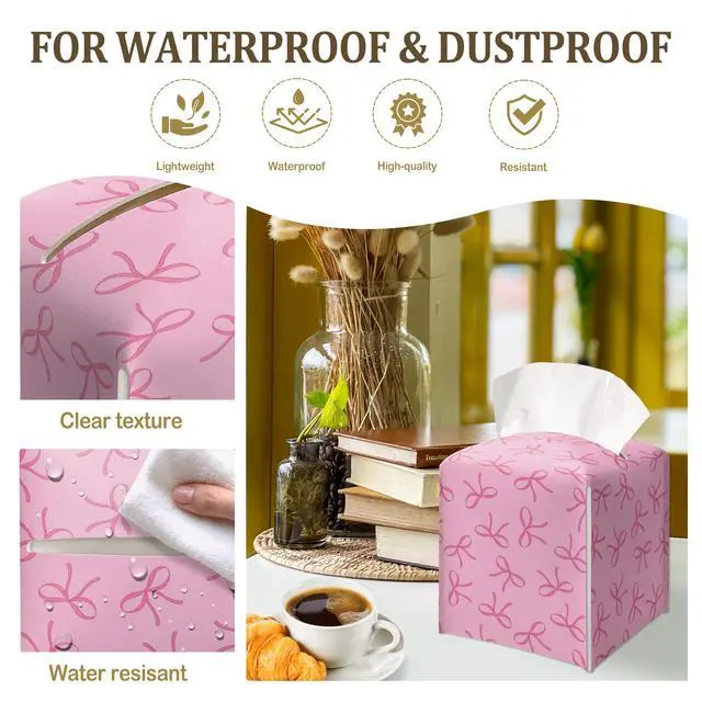 Alt view image 3 of 6 - Pink Bows Print Decorative Leather Tissue Box Cover - Tissue Box Holder Gifts for Women Family and Friends Funny Unique Home Decor Decorative for Kids Room Kitchen Bathroom Office - A23