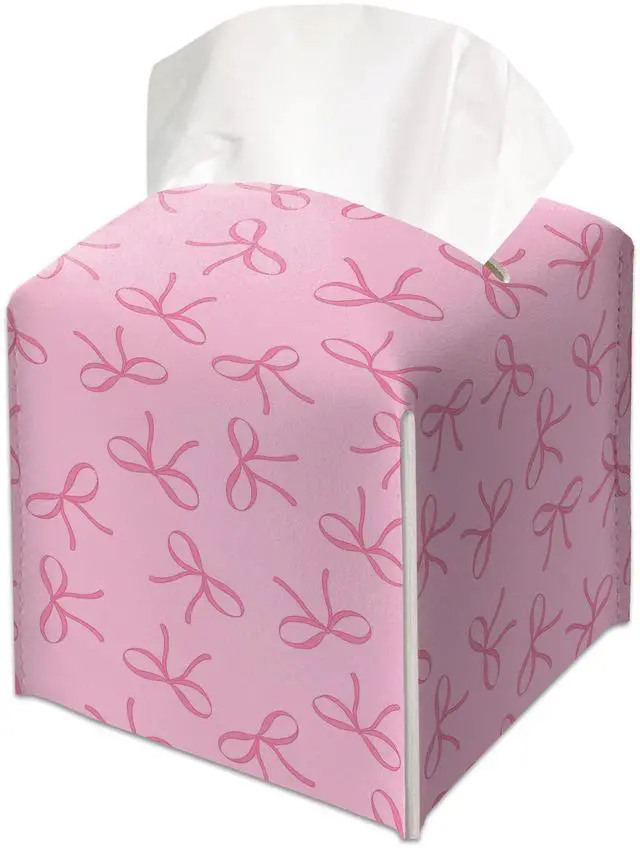 Main image of Pink Bows Print Decorative Leather Tissue Box Cover - Tissue Box Holder Gifts for Women Family and Friends Funny Unique Home Decor Decorative for Kids Room Kitchen Bathroom Office - A23