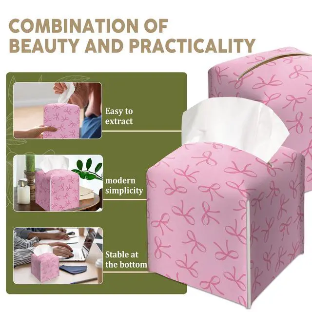Alt view image 5 of 6 - Pink Bows Print Decorative Leather Tissue Box Cover - Tissue Box Holder Gifts for Women Family and Friends Funny Unique Home Decor Decorative for Kids Room Kitchen Bathroom Office - A23