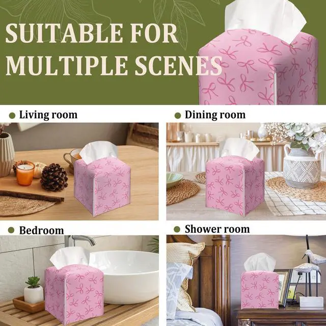 Alt view image 6 of 6 - Pink Bows Print Decorative Leather Tissue Box Cover - Tissue Box Holder Gifts for Women Family and Friends Funny Unique Home Decor Decorative for Kids Room Kitchen Bathroom Office - A23