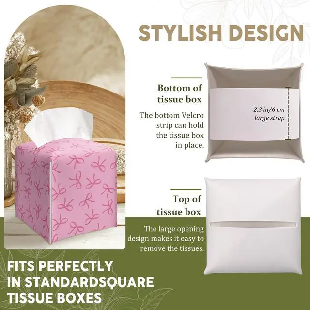 Alt view image 4 of 6 - Pink Bows Print Decorative Leather Tissue Box Cover - Tissue Box Holder Gifts for Women Family and Friends Funny Unique Home Decor Decorative for Kids Room Kitchen Bathroom Office - A23